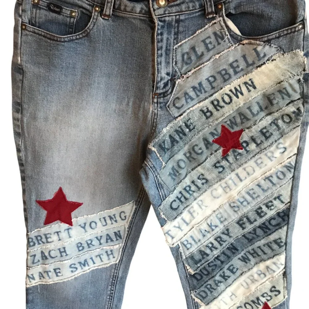 Upcycled Patchwork Capris, Reverse Bleached Country Artists Patches, Size 12P - Picture 9 of 10
